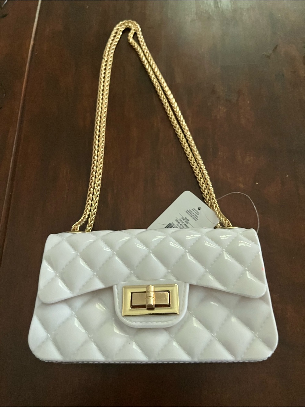White Quilted Patent Crossbody Bag with Gold Chain